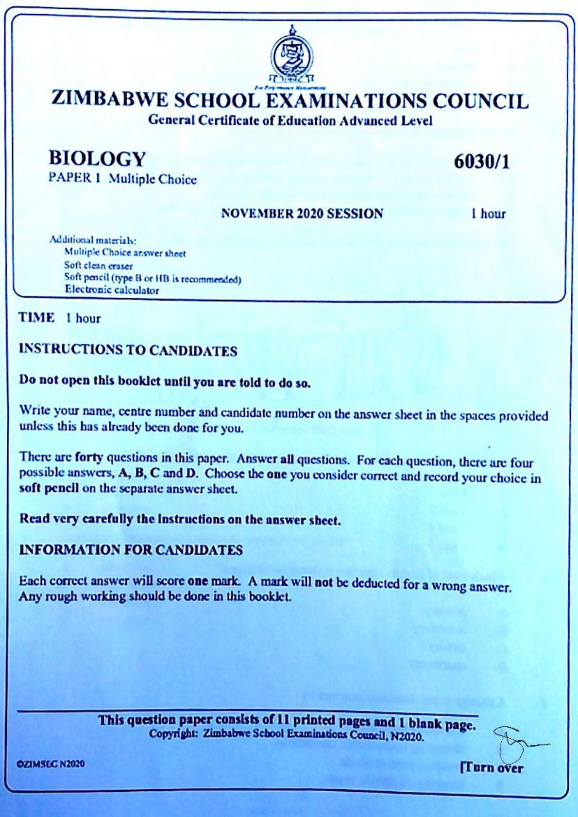 First page of ZIMSEC A-Level Biology Paper 1 November 2020 Question Paper