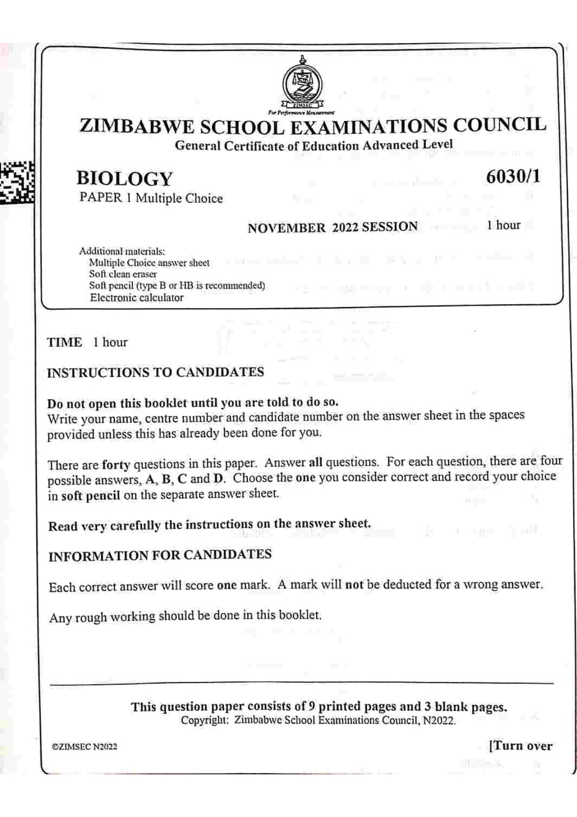 First page of ZIMSEC A-Level Biology Paper 1 November 2022 Question Paper