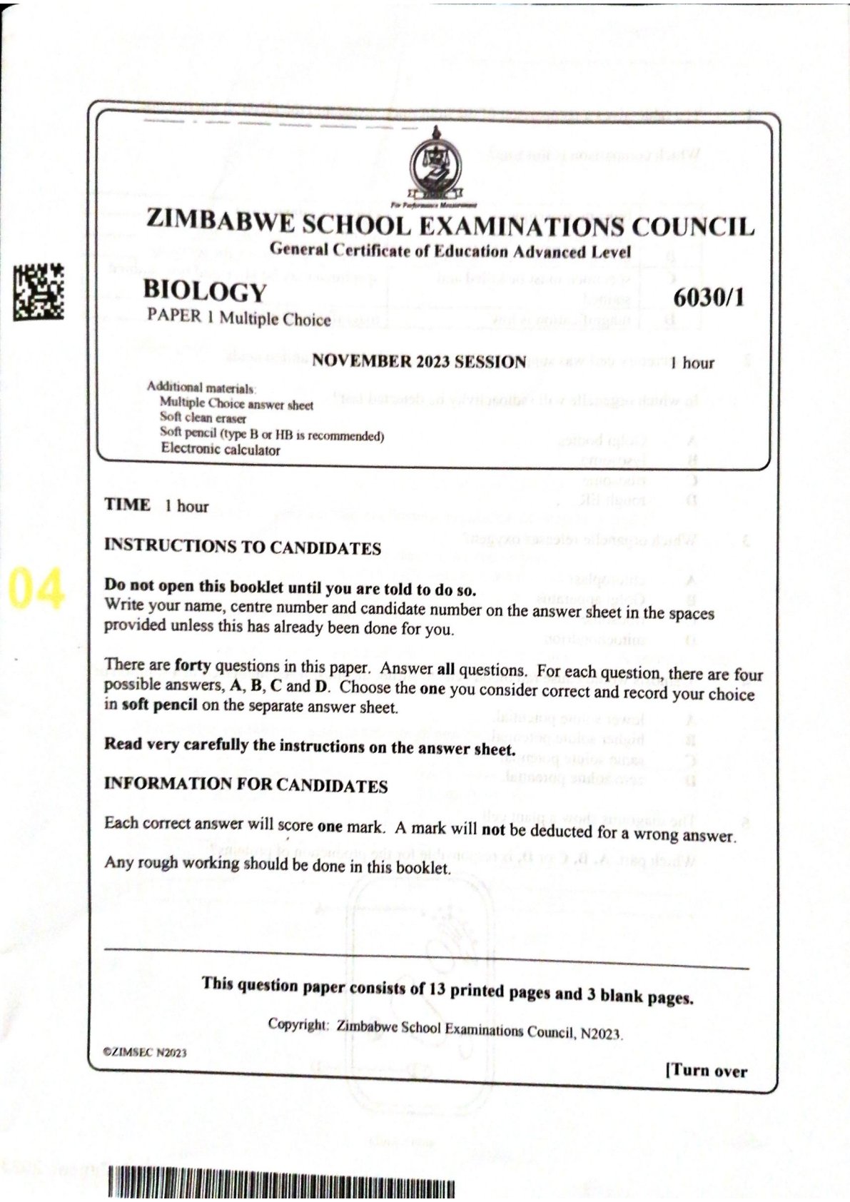First page of ZIMSEC A-Level Biology Paper 1 November 2023 Question Paper