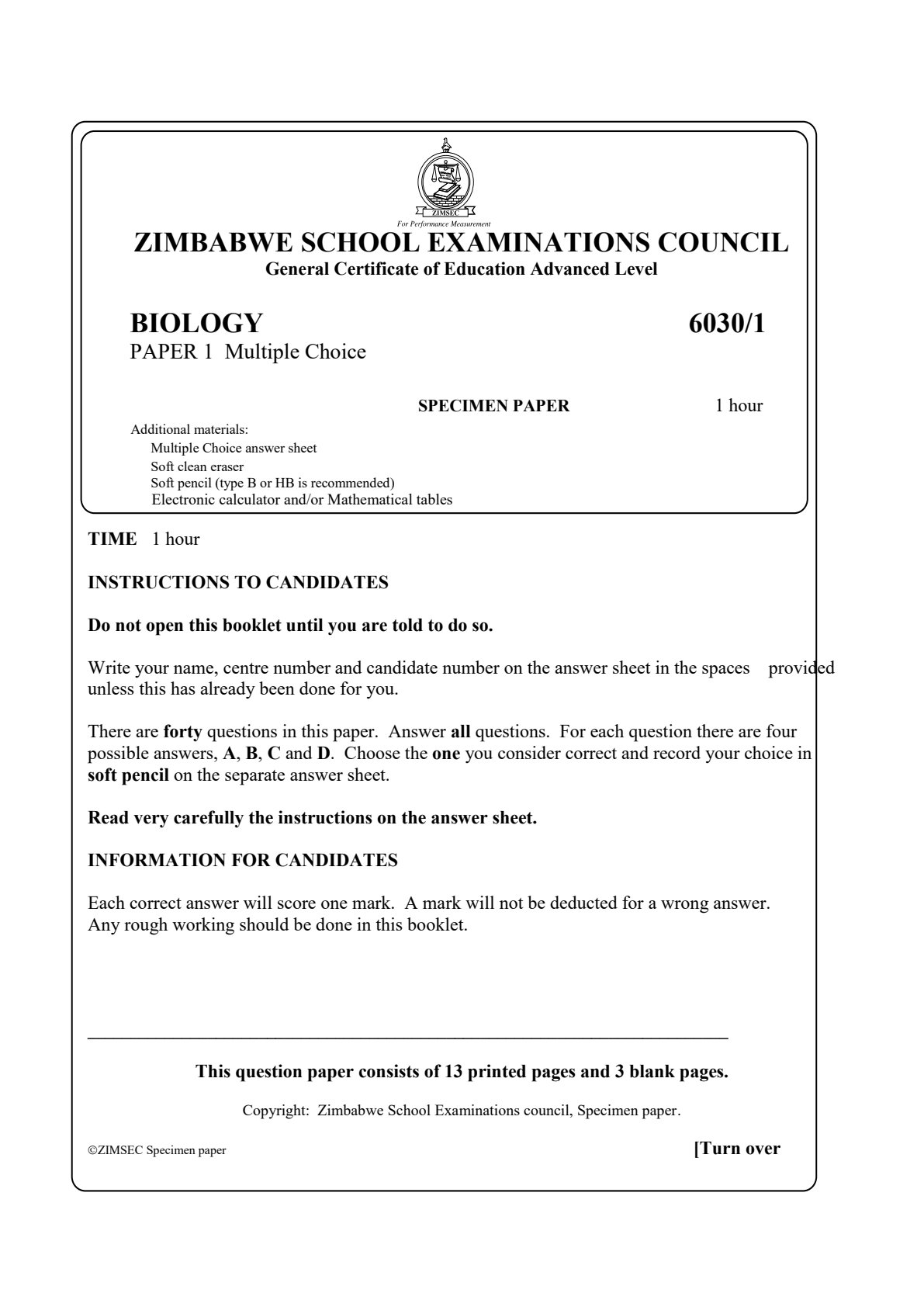 First page of ZIMSEC A-Level Biology Paper 1 Question Paper