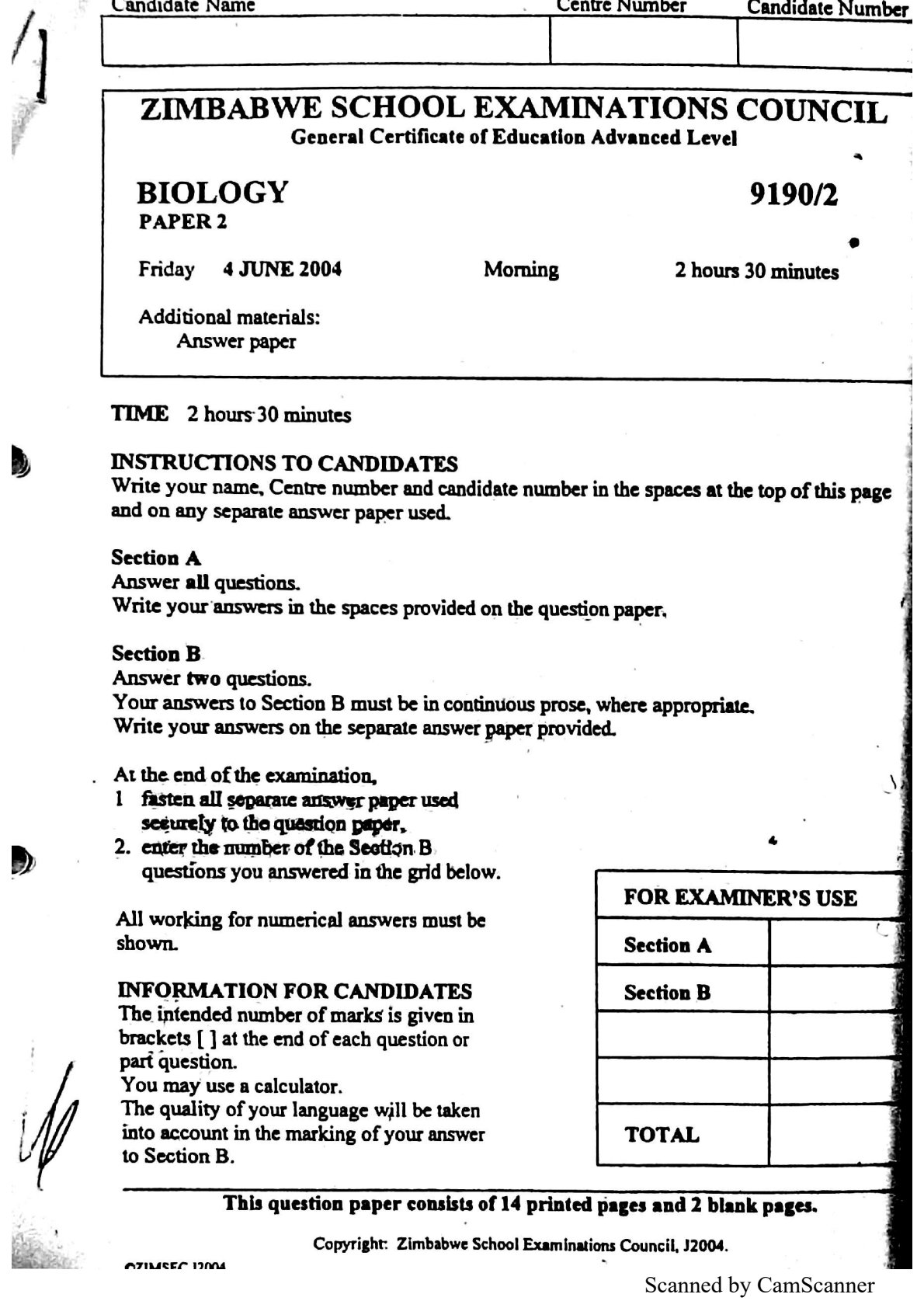 First page of ZIMSEC A-Level Biology Paper 2 June 2004 Question Paper