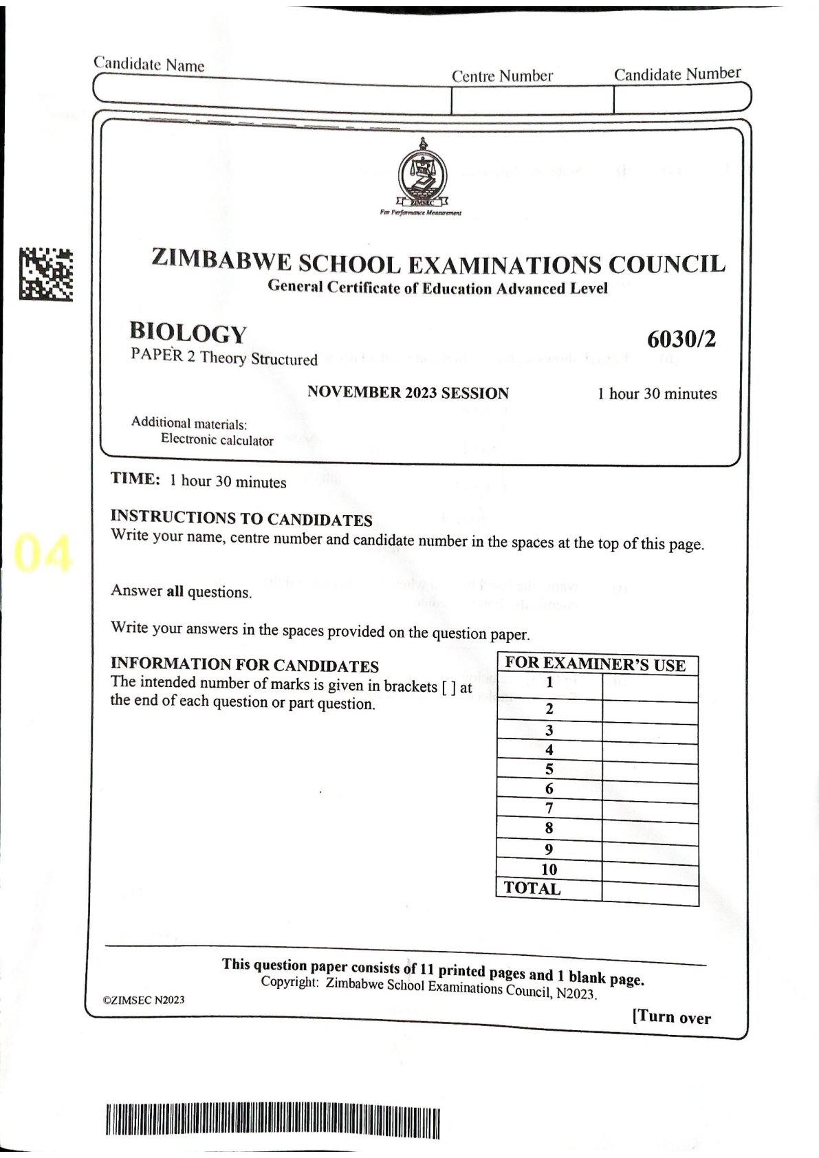 First page of ZIMSEC A-Level Biology Paper 2 November 2023 Question Paper