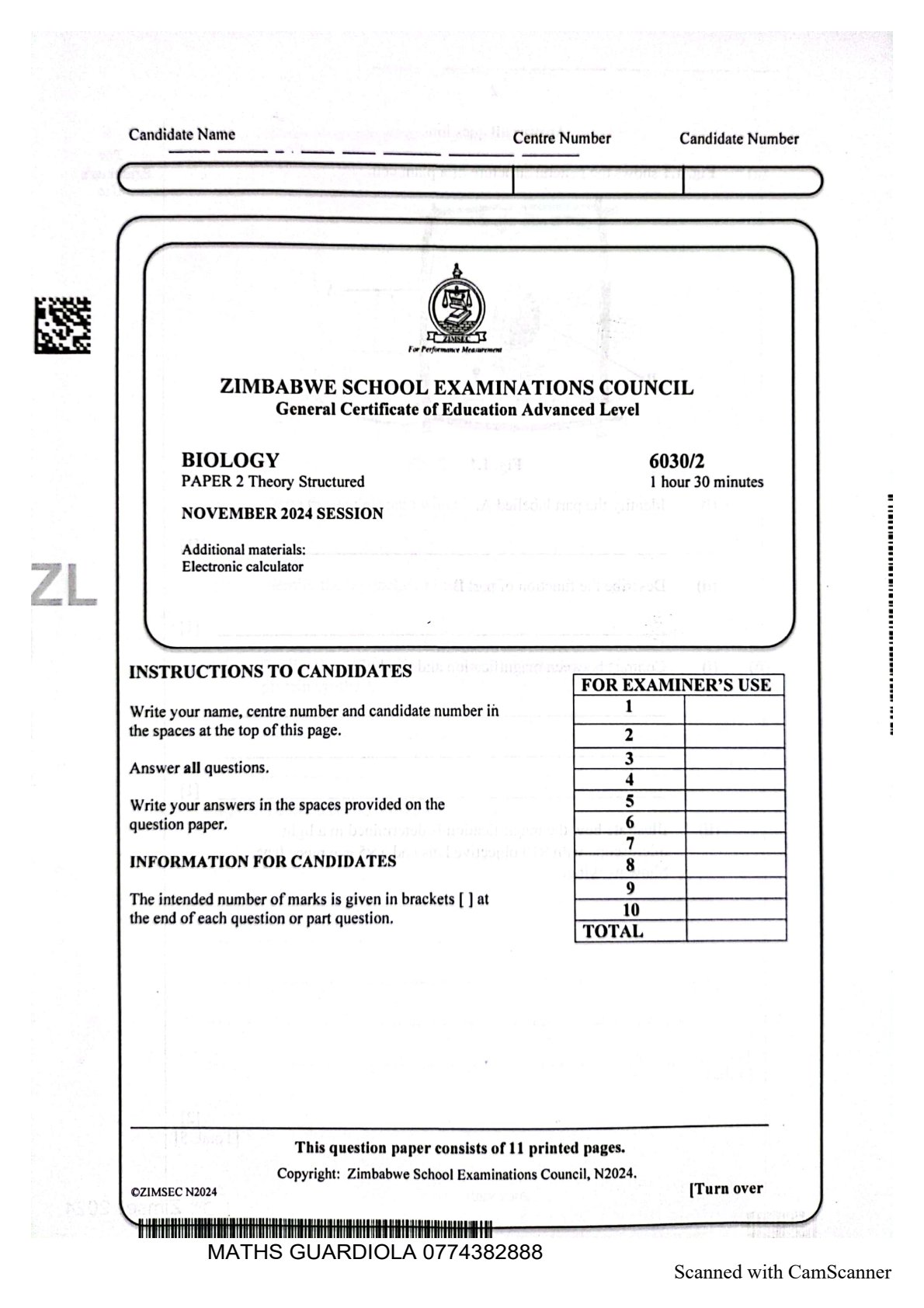 First page of ZIMSEC A-Level Biology Paper 2 November 2024 Question Paper