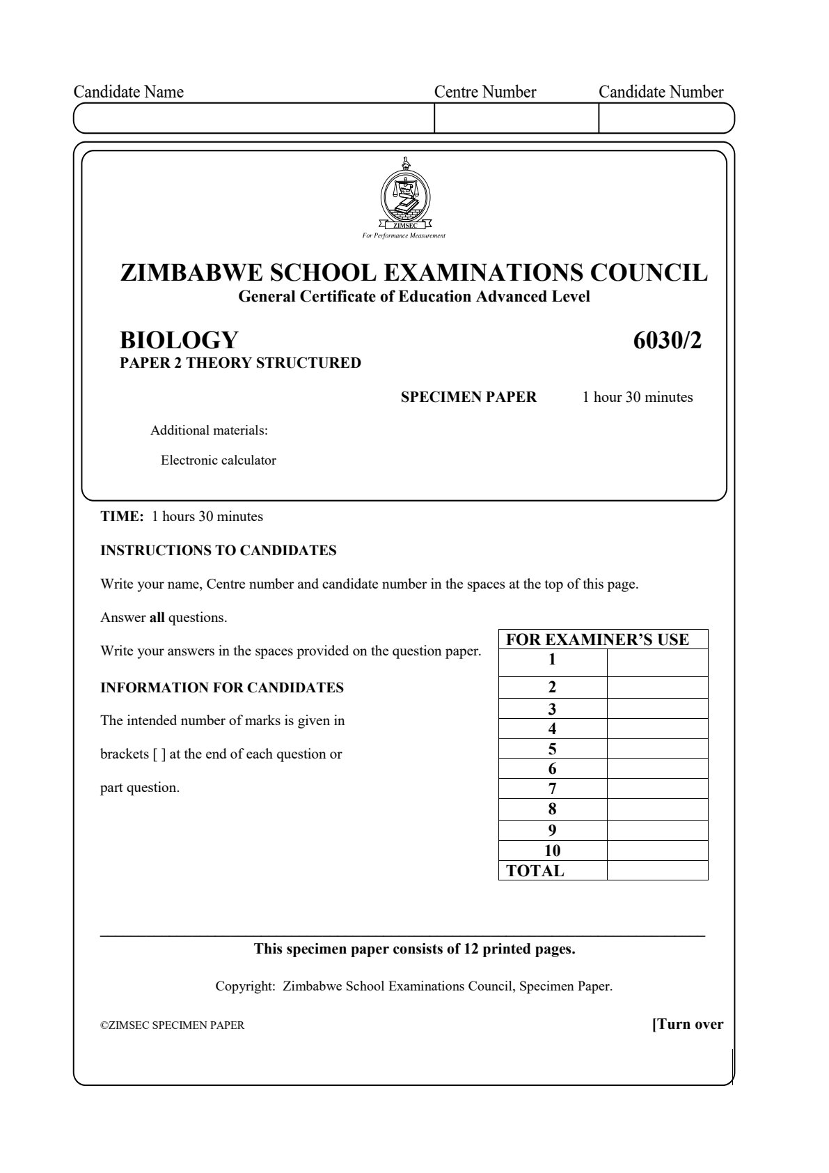 First page of ZIMSEC A-Level Biology Paper 2 Question Paper