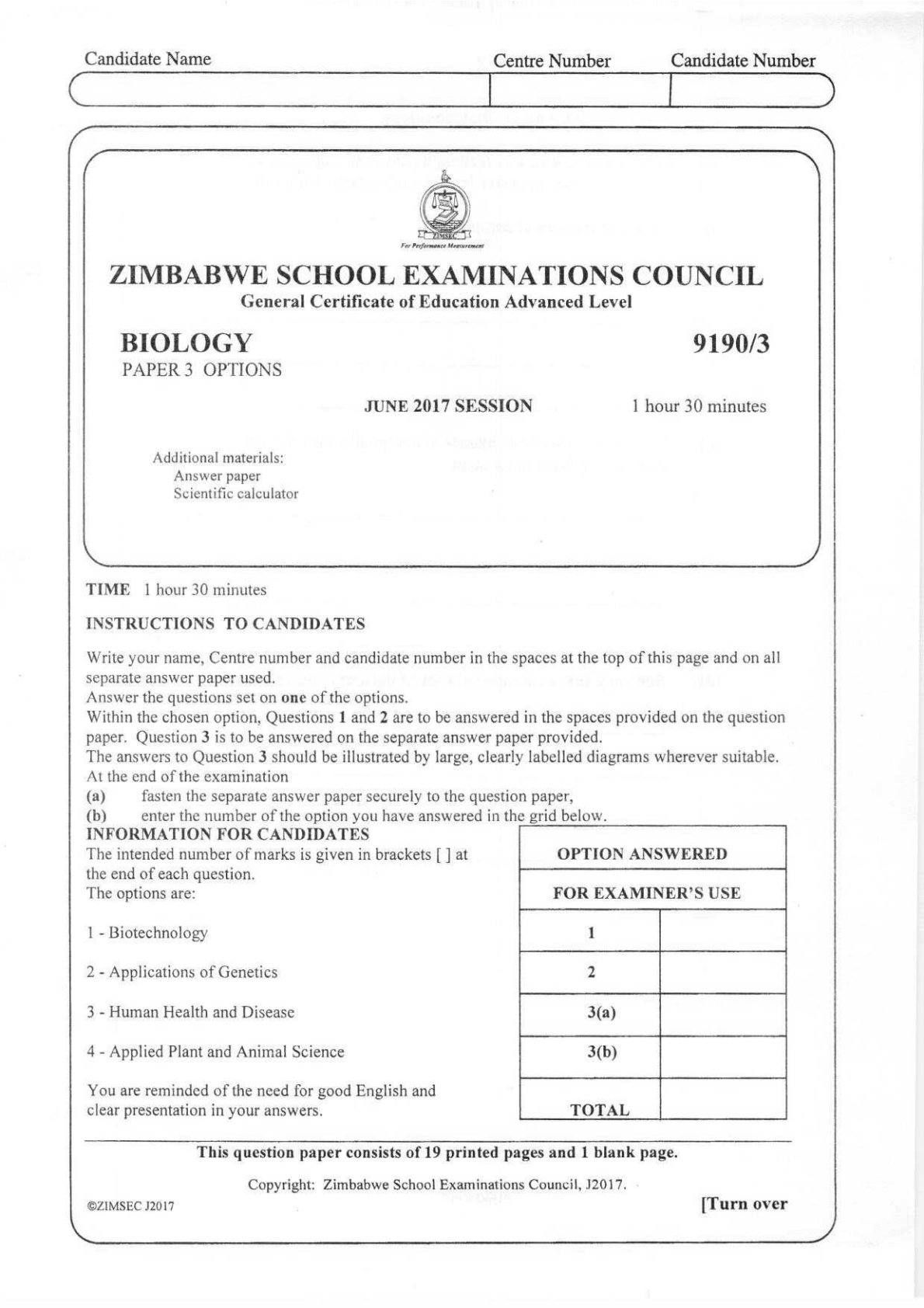 First page of ZIMSEC A-Level Biology Paper 3 June 2017 Question Paper
