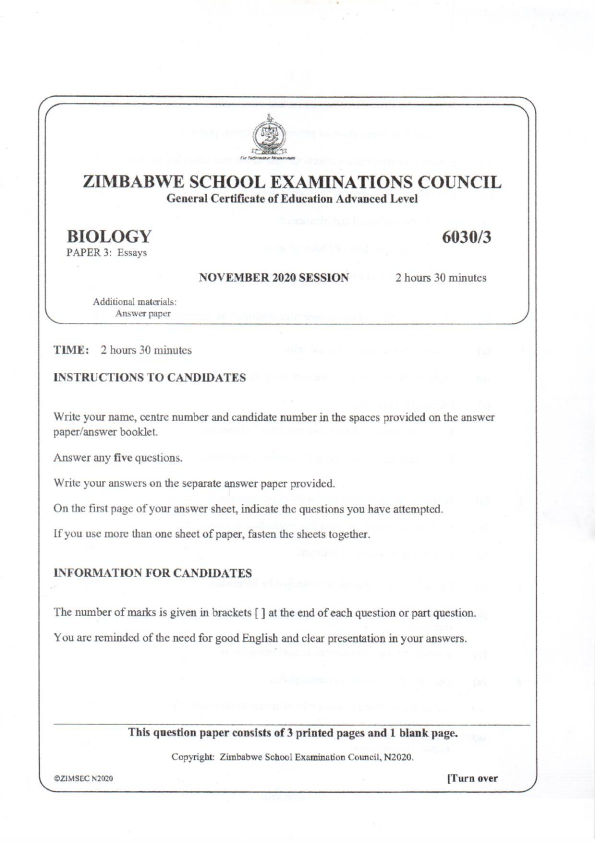 First page of ZIMSEC A-Level Biology Paper 3 November 2020 Question Paper