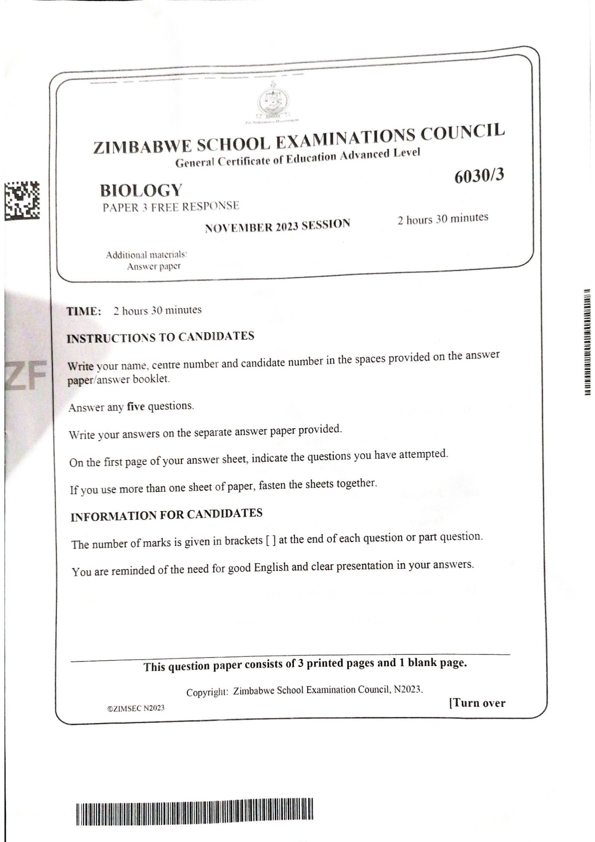First page of ZIMSEC A-Level Biology Paper 3 November 2023 Question Paper