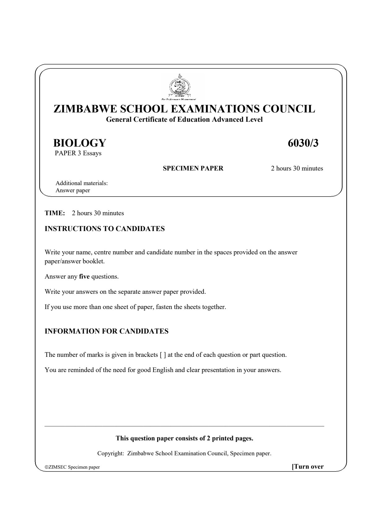 First page of ZIMSEC A-Level Biology Paper 3 Question Paper