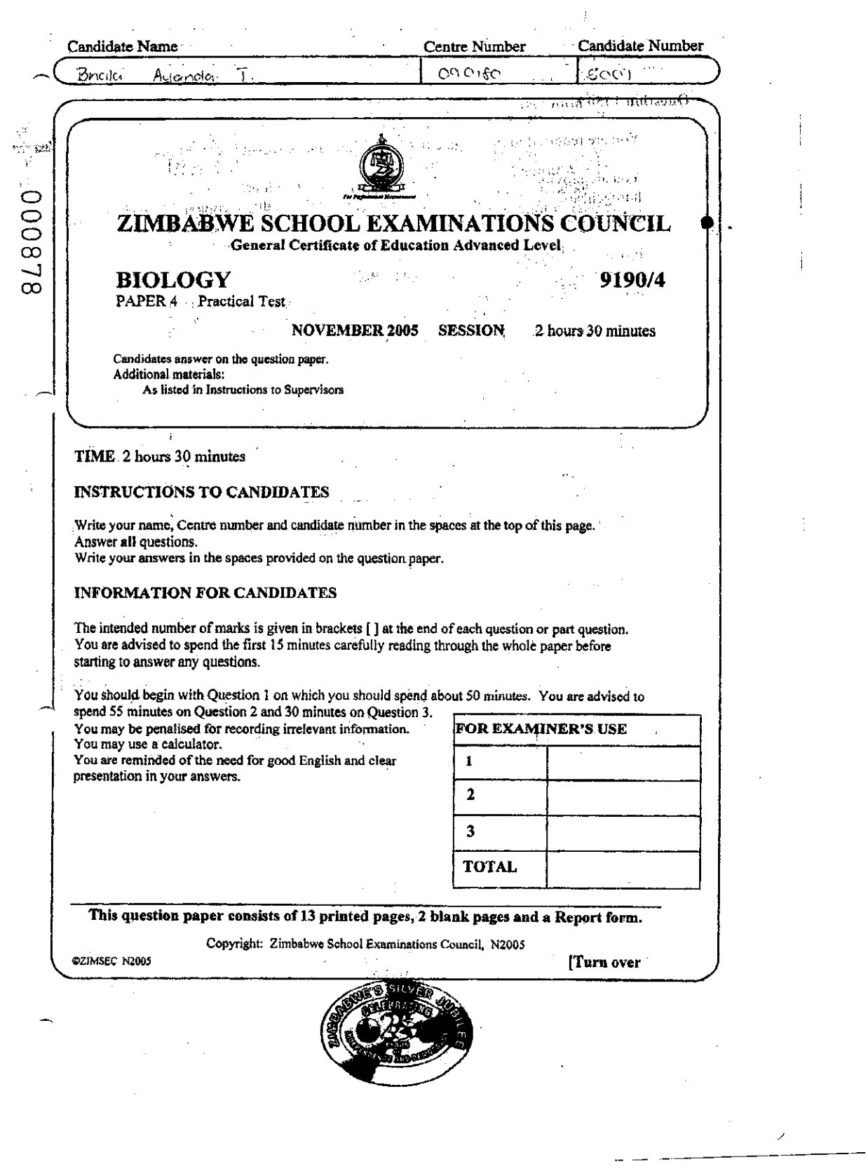 First page of ZIMSEC A-Level Biology Paper 4 November 2005 Question Paper