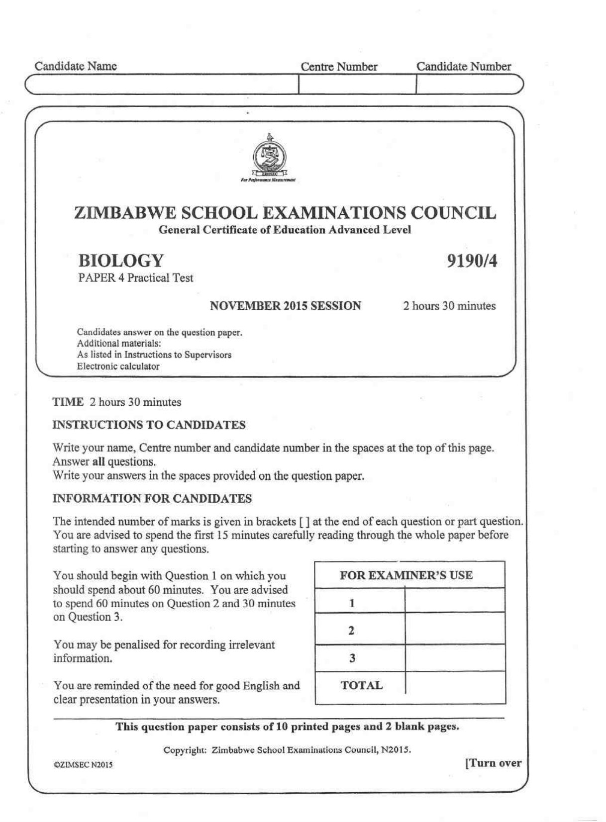 First page of ZIMSEC A-Level Biology Paper 4 November 2015 Question Paper