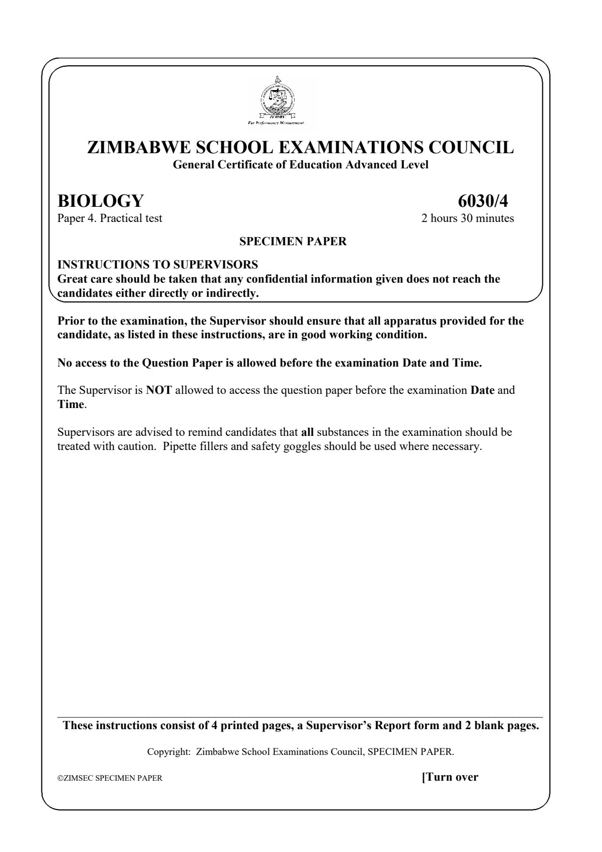 First page of ZIMSEC A-Level Biology Paper 4 Question Paper