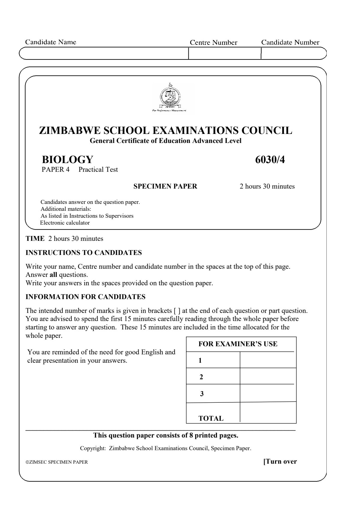 First page of ZIMSEC A-Level Biology Paper 4 Question Paper