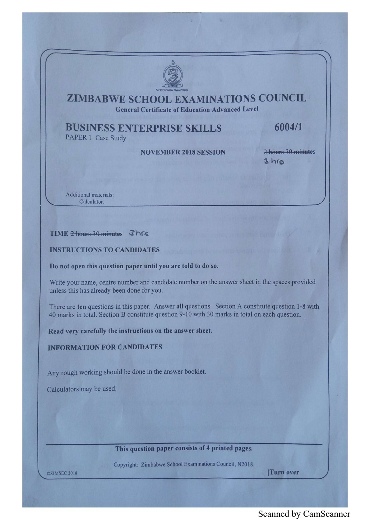 First page of ZIMSEC A-Level Business Enterprise Skills Paper 1 November 2018 Question Paper