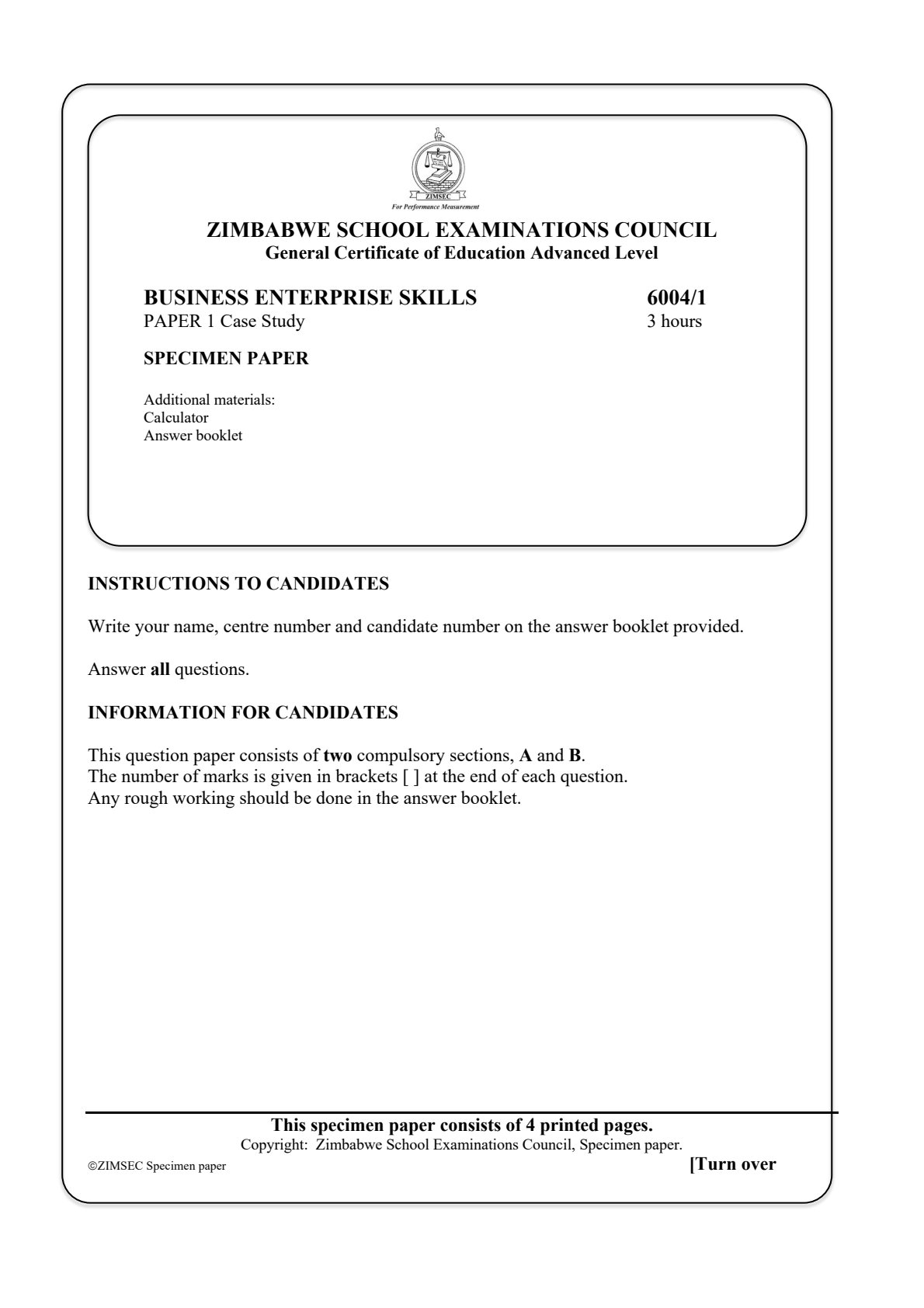 First page of ZIMSEC A-Level Business Enterprise Skills Paper 1 Question Paper