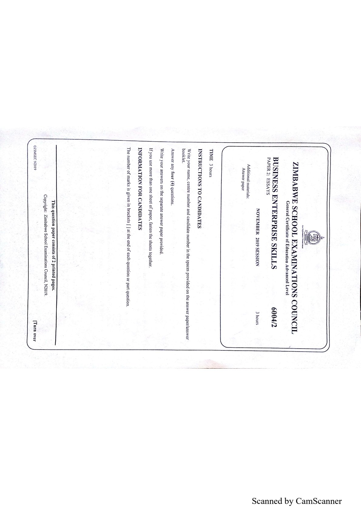 First page of ZIMSEC A-Level Business Enterprise Skills Paper 2 November 2019 Question Paper