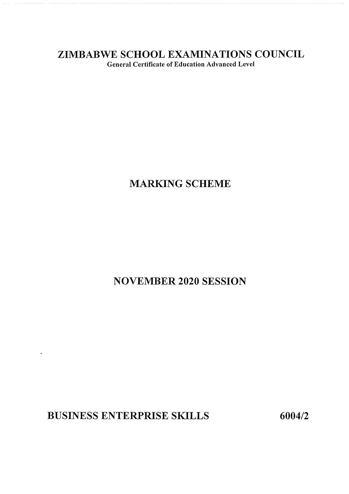 First page of ZIMSEC A-Level Business Enterprise Skills Paper 2 November 2020 Marking Scheme