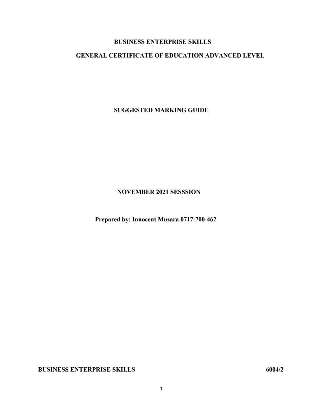 First page of ZIMSEC A-Level Business Enterprise Skills Paper 2 November 2021 Marking Scheme
