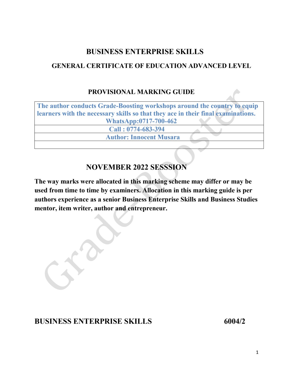 First page of ZIMSEC A-Level Business Enterprise Skills Paper 2 November 2022 Marking Scheme
