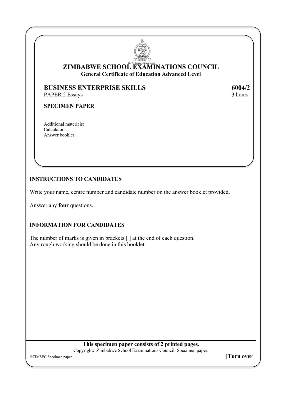First page of ZIMSEC A-Level Business Enterprise Skills Paper 2 Question Paper