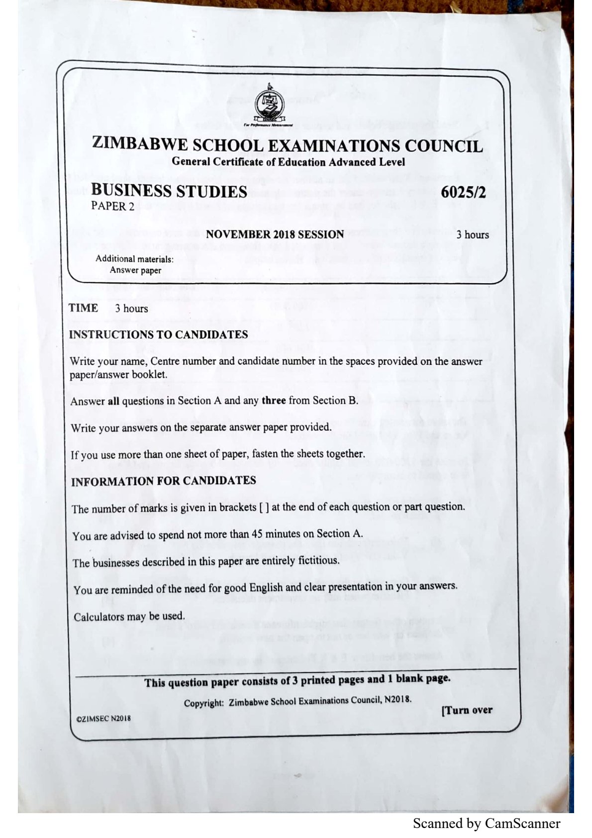 First page of ZIMSEC A-Level Business Studies 2010-2018 Study Guide