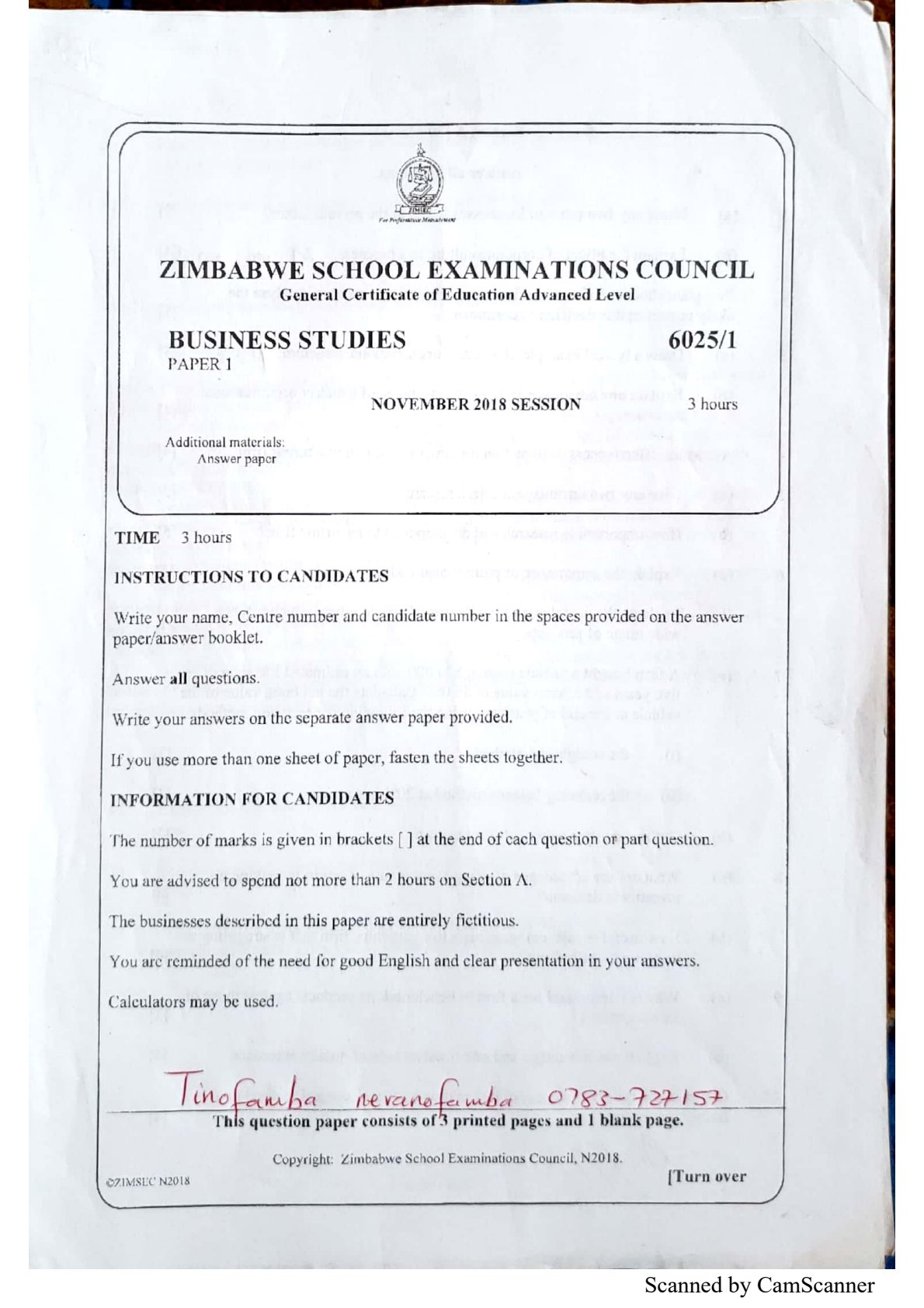 First page of ZIMSEC A-Level Business Studies 2010-2018 Study Guide