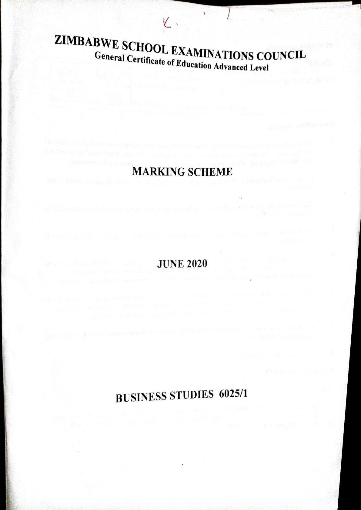 First page of ZIMSEC A-Level Business Studies Paper 1 June 2020 Marking Scheme