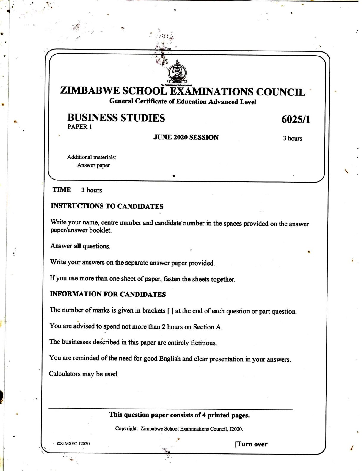 First page of ZIMSEC A-Level Business Studies Paper 1 June 2020 Question Paper