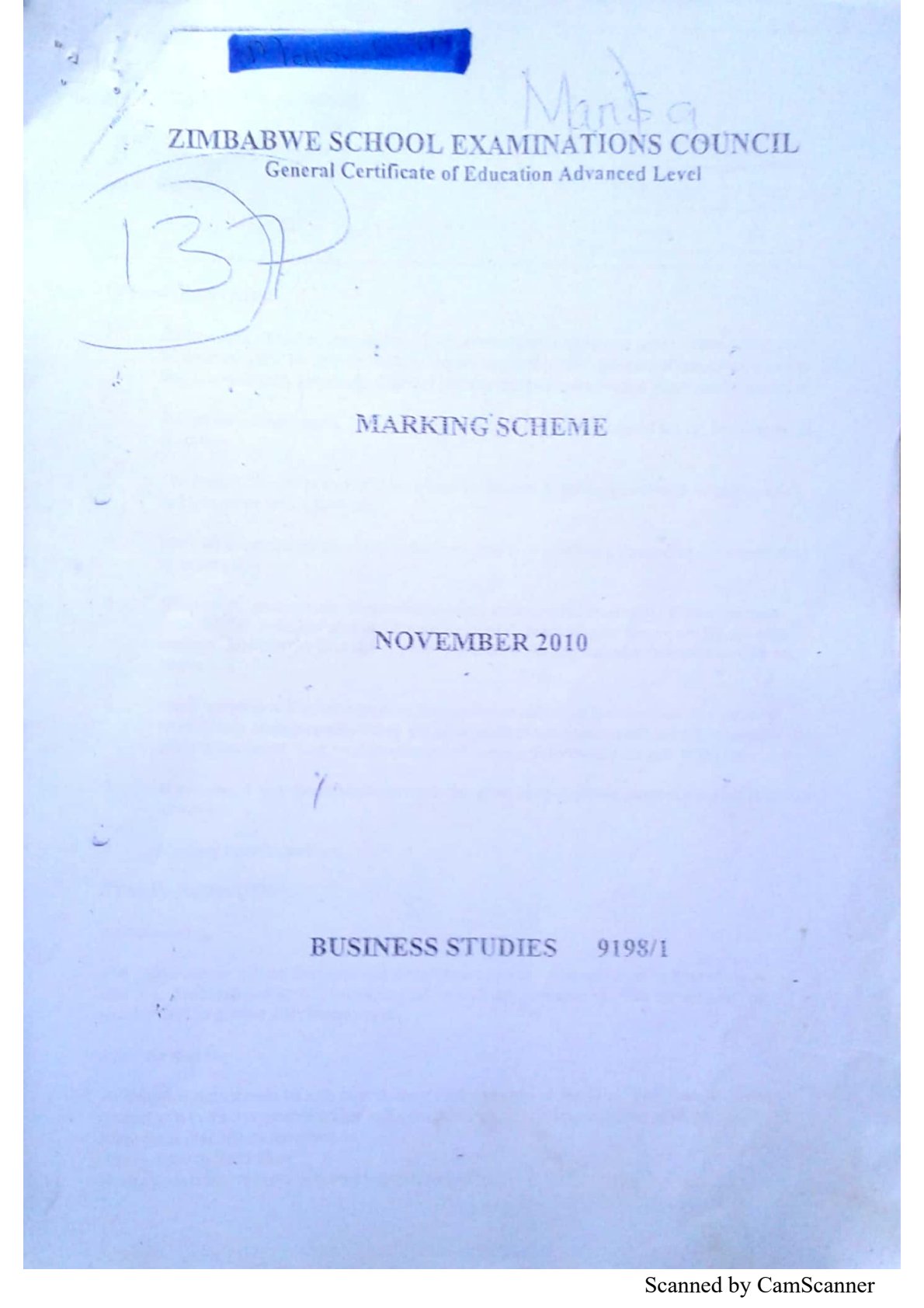 First page of ZIMSEC A-Level Business Studies Paper 1 November 2010 Marking Scheme