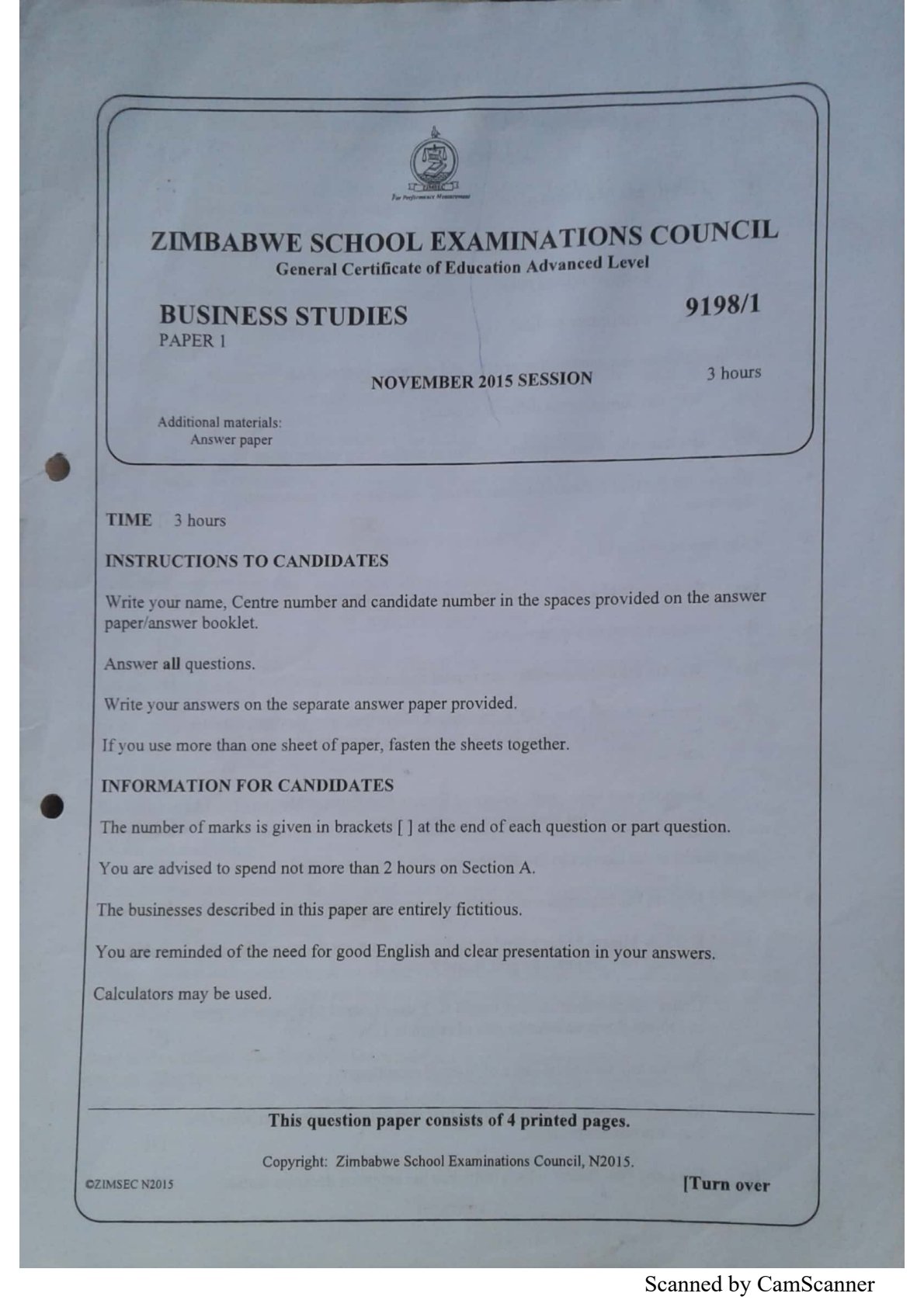First page of ZIMSEC A-Level Business Studies Paper 1 November 2015 Question Paper