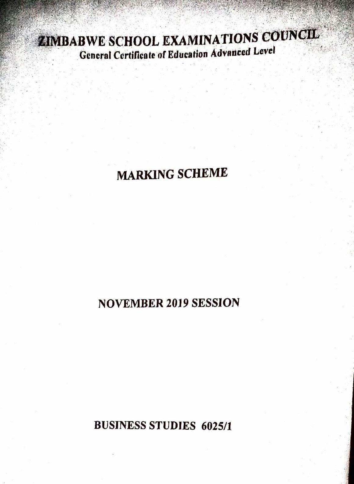 First page of ZIMSEC A-Level Business Studies Paper 1 November 2019 Marking Scheme