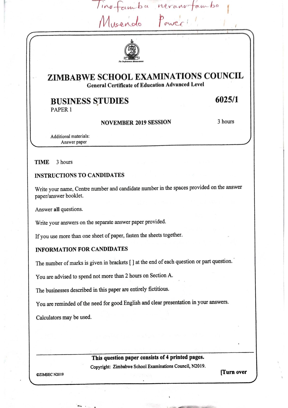 First page of ZIMSEC A-Level Business Studies Paper 1 November 2019 Question Paper
