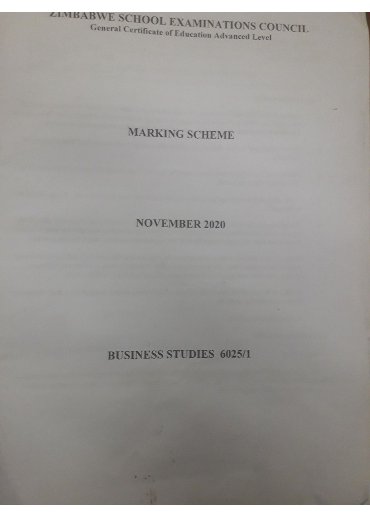 First page of ZIMSEC A-Level Business Studies Paper 1 November 2020 Marking Scheme