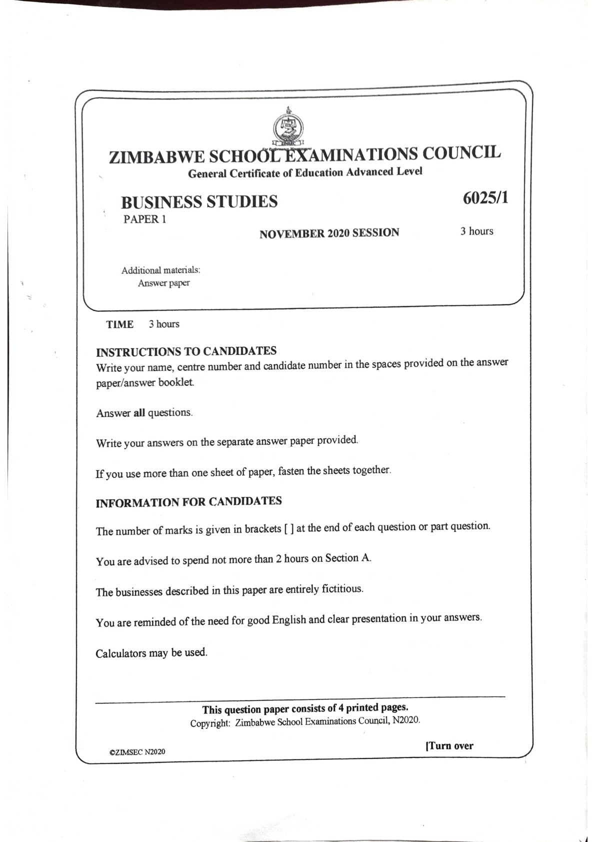 First page of ZIMSEC A-Level Business Studies Paper 1 November 2020 Question Paper