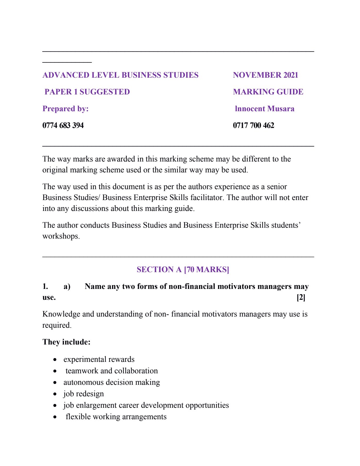 First page of ZIMSEC A-Level Business Studies Paper 1 November 2021 Marking Scheme