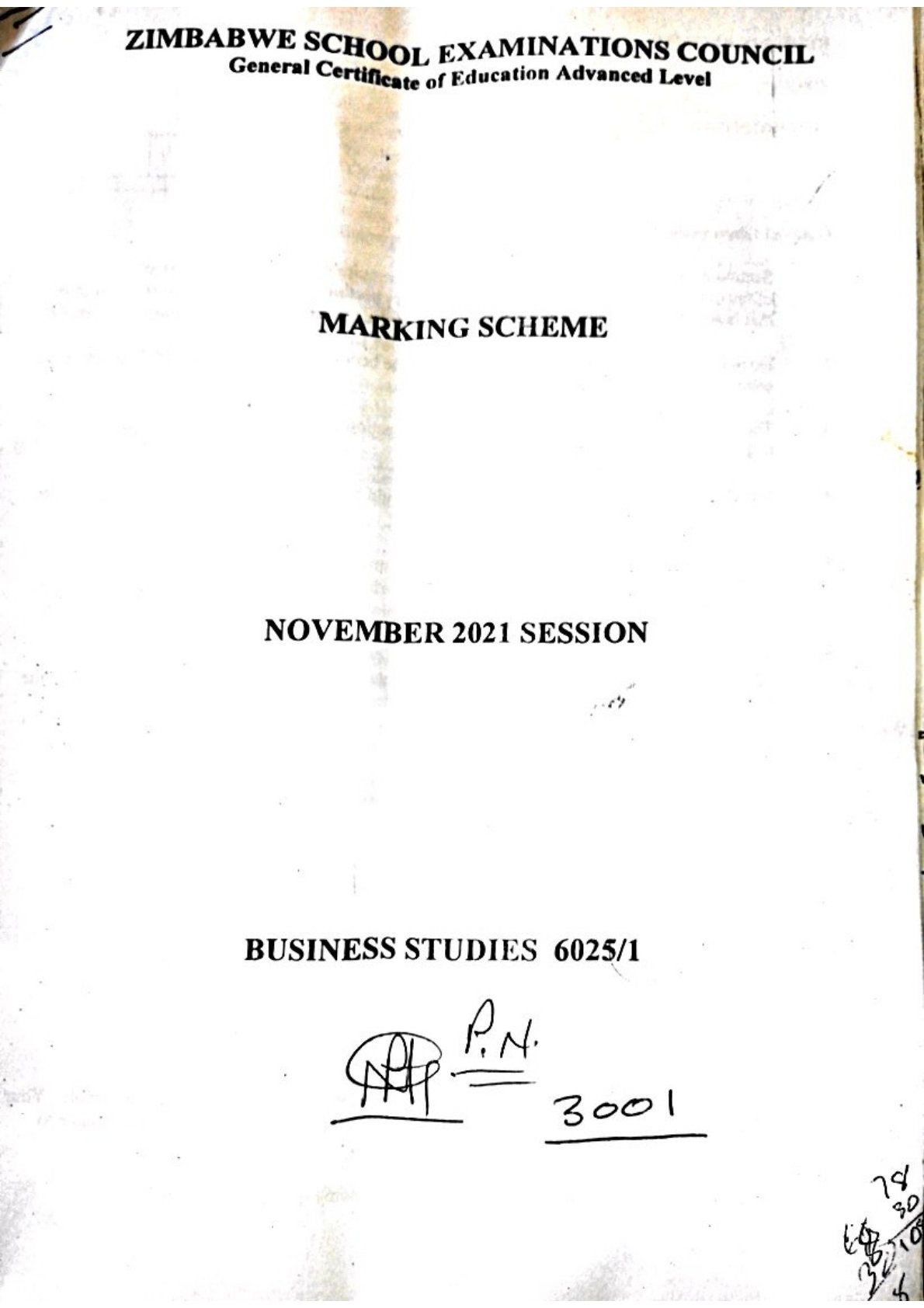 First page of ZIMSEC A-Level Business Studies Paper 1 November 2021 Marking Scheme