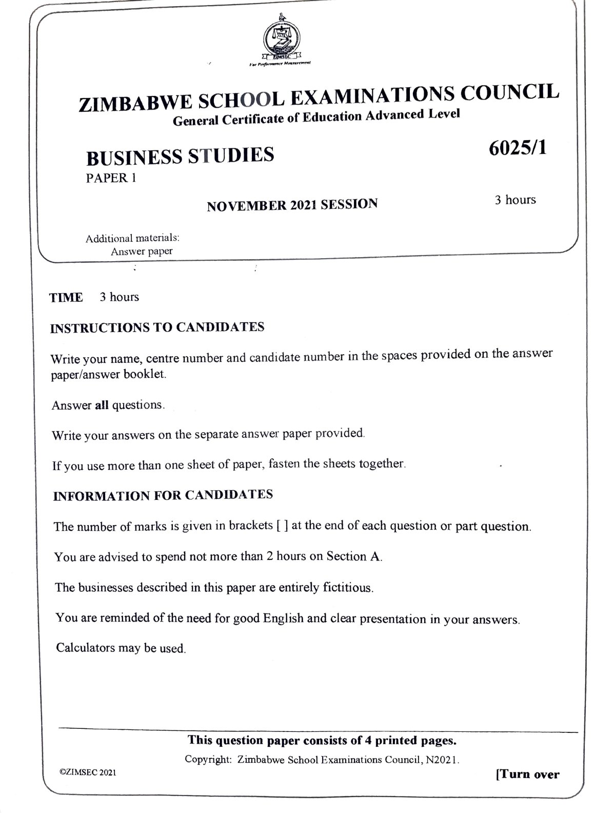 First page of ZIMSEC A-Level Business Studies Paper 1 November 2021 Question Paper