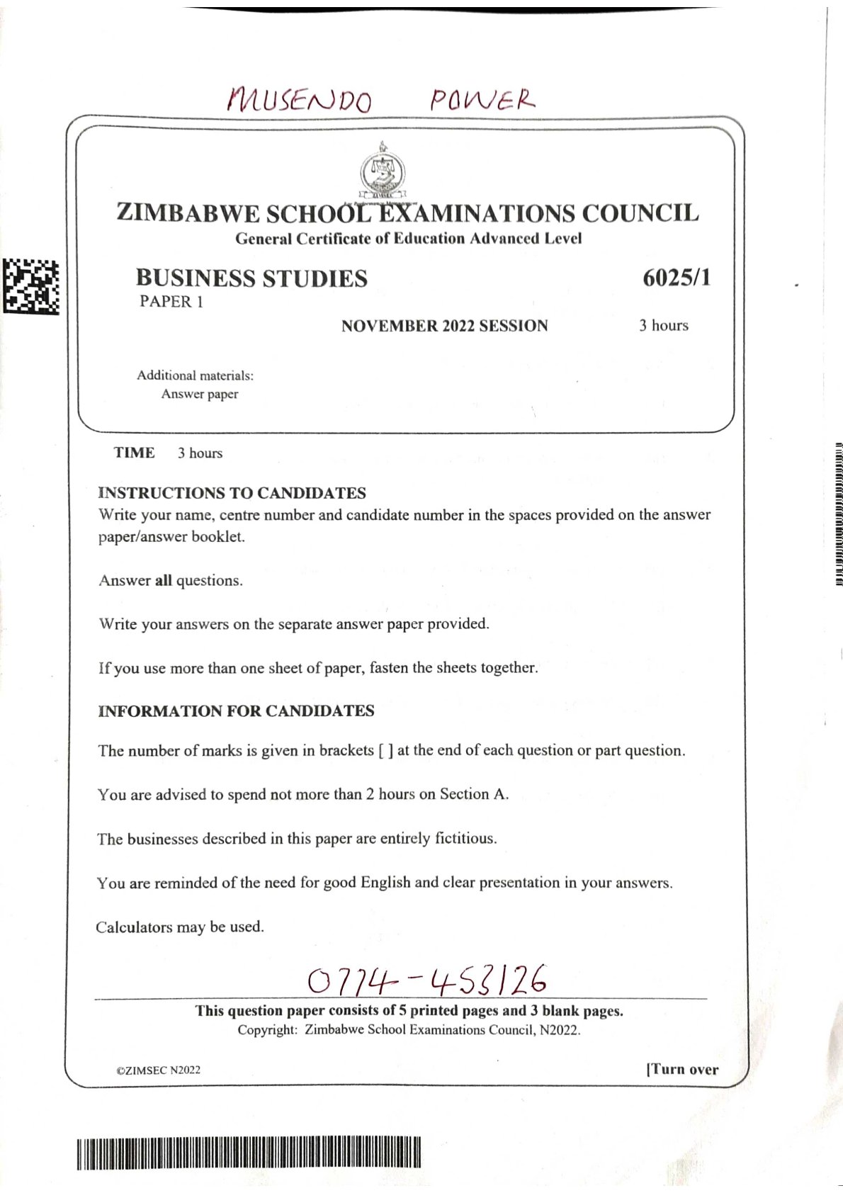 First page of ZIMSEC A-Level Business Studies Paper 1 November 2022 Question Paper