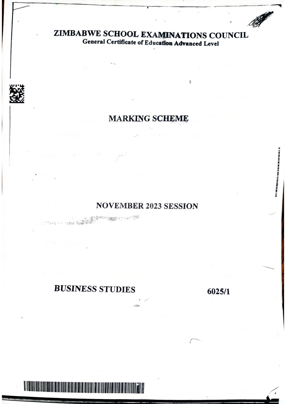 First page of ZIMSEC A-Level Business Studies Paper 1 November 2023 Marking Scheme