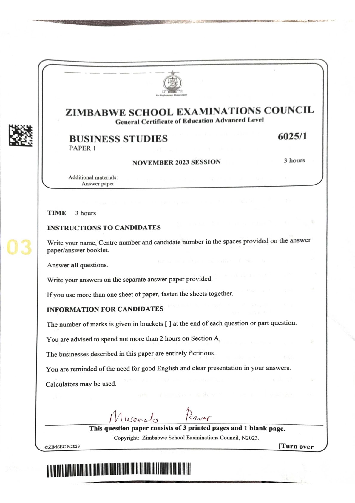 First page of ZIMSEC A-Level Business Studies Paper 1 November 2023 Question Paper