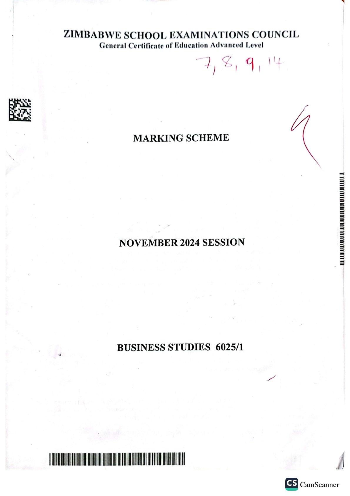 First page of ZIMSEC A-Level Business Studies Paper 1 November 2024 Marking Scheme