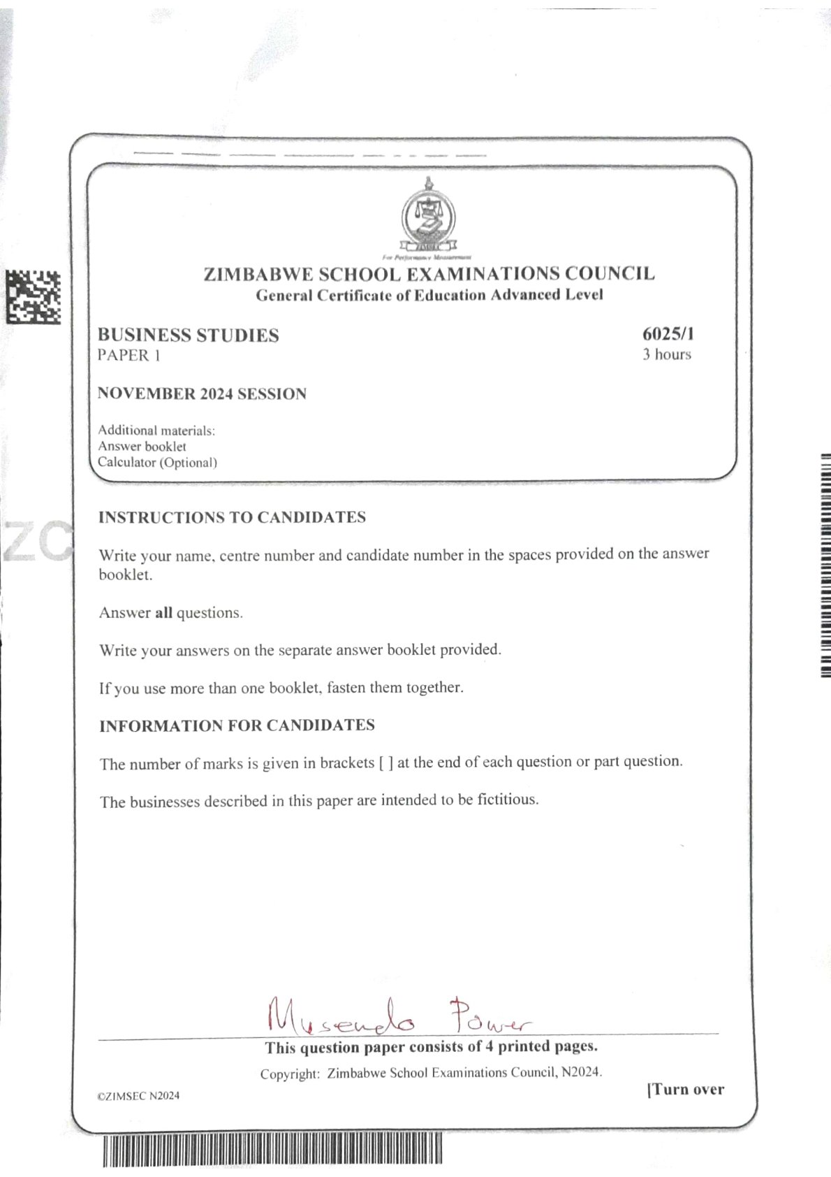 First page of ZIMSEC A-Level Business Studies Paper 1 November 2024 Question Paper