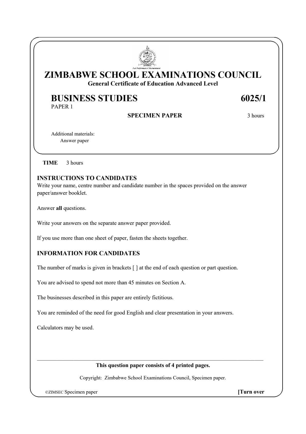 First page of ZIMSEC A-Level Business Studies Paper 1 Question Paper