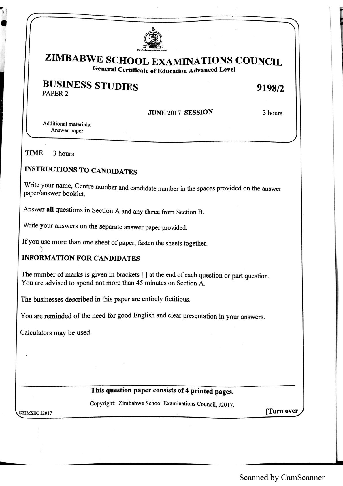 First page of ZIMSEC A-Level Business Studies Paper 2 June 2017 Question Paper