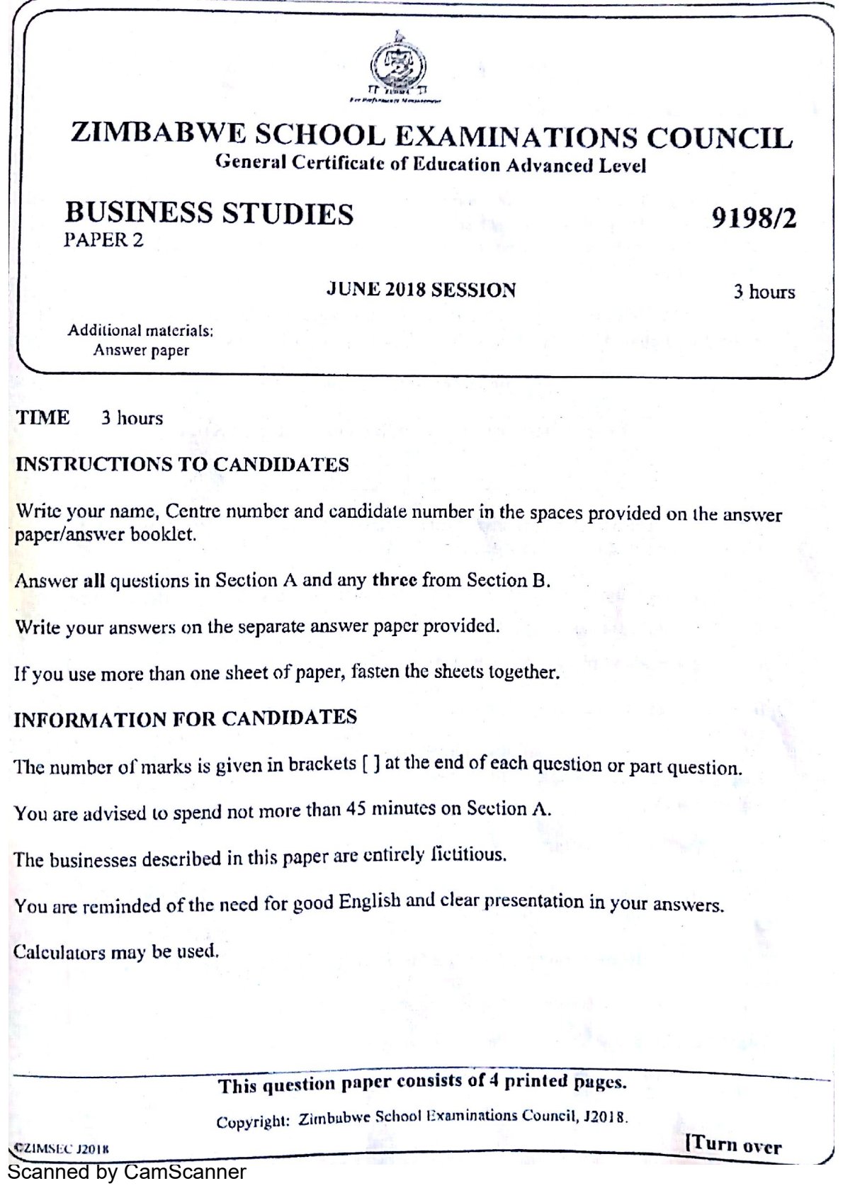 First page of ZIMSEC A-Level Business Studies Paper 2 June 2018 Question Paper