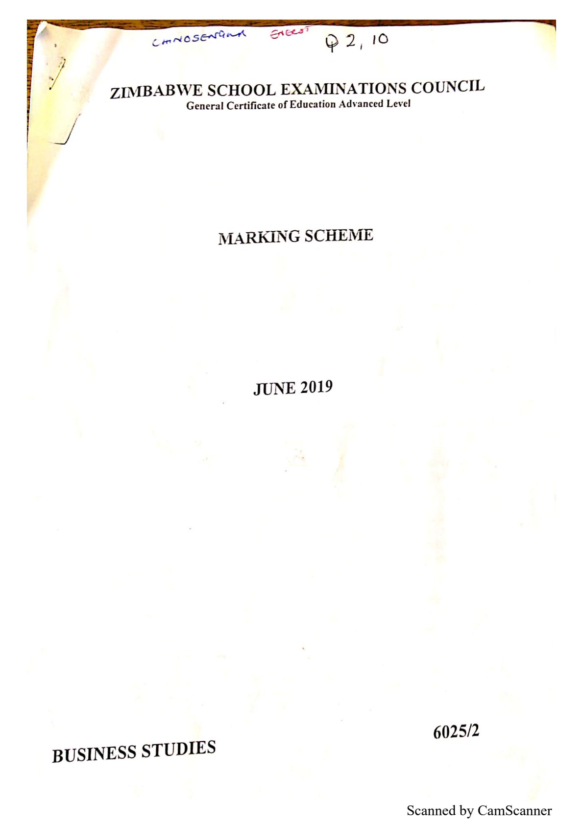 First page of ZIMSEC A-Level Business Studies Paper 2 June 2019 Marking Scheme