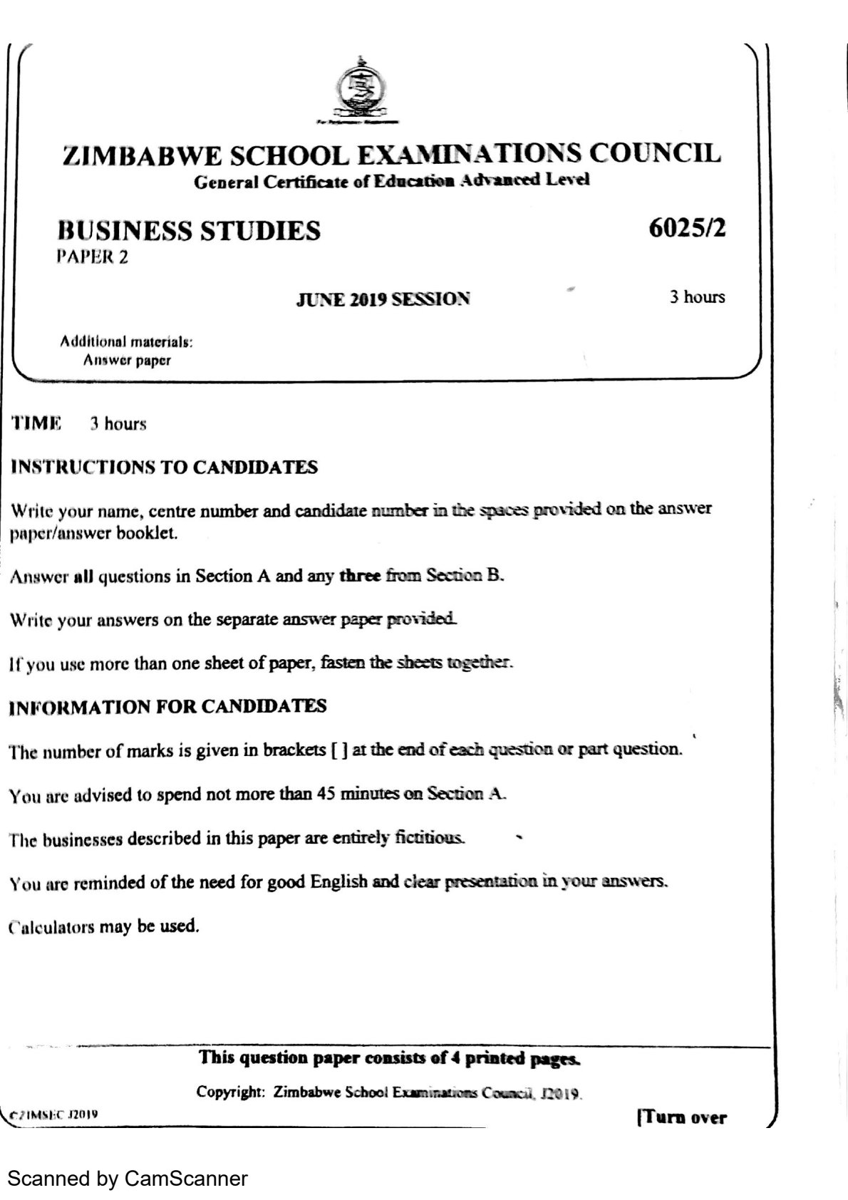 First page of ZIMSEC A-Level Business Studies Paper 2 June 2019 Question Paper