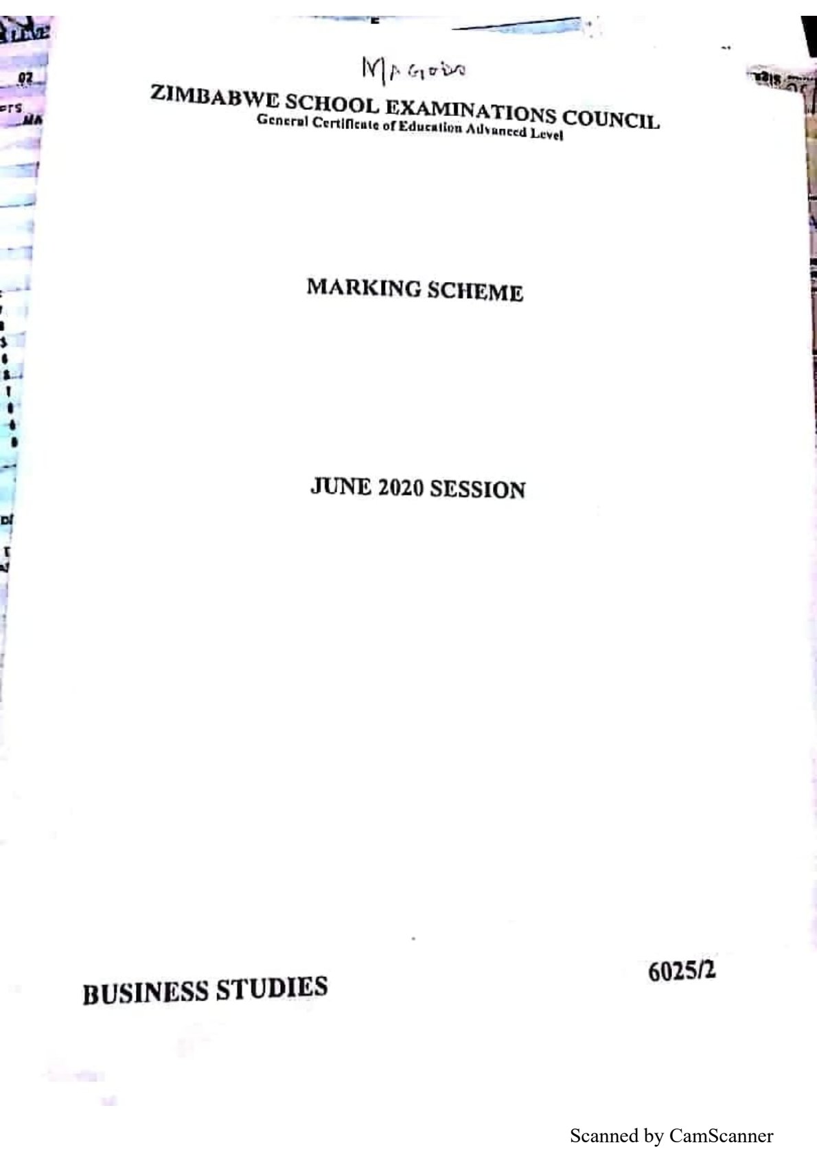 First page of ZIMSEC A-Level Business Studies Paper 2 June 2020 Marking Scheme