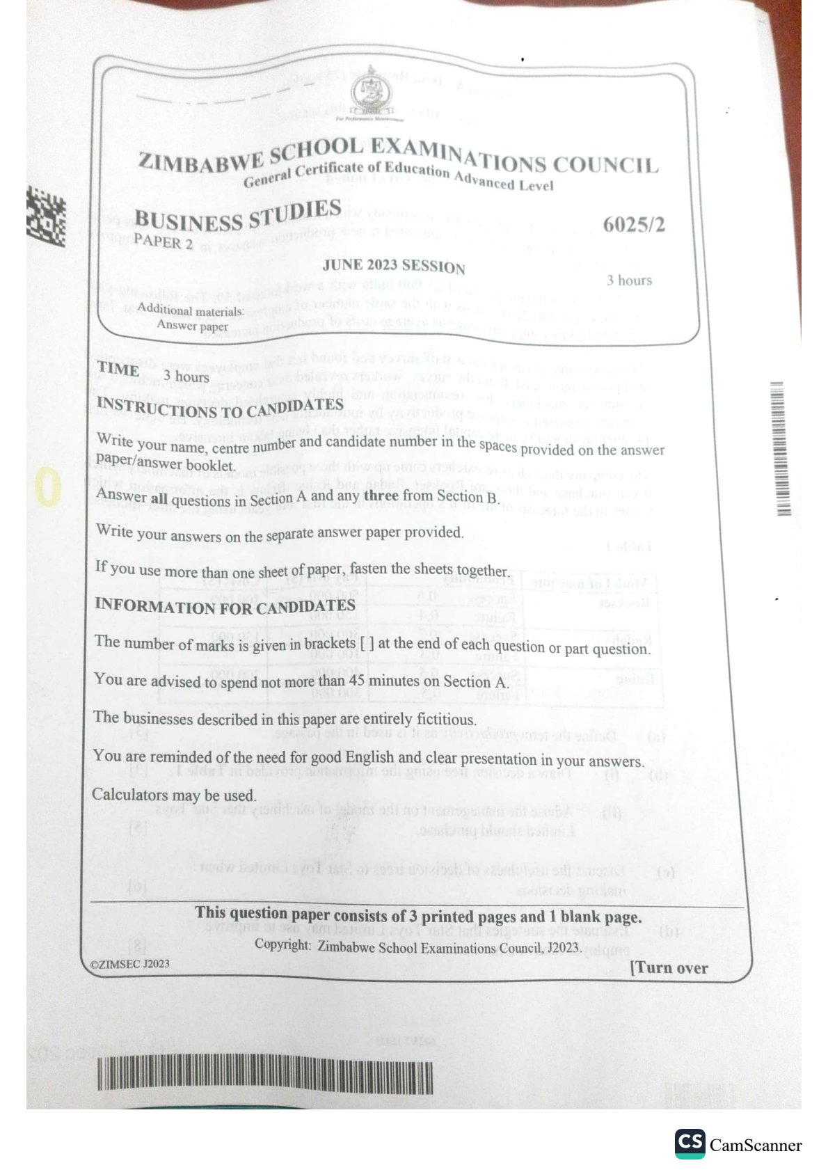 First page of ZIMSEC A-Level Business Studies Paper 2 June 2023 Question Paper