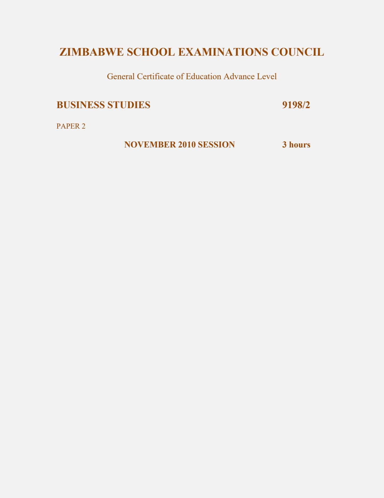 First page of ZIMSEC A-Level Business Studies Paper 2 November 2010 Question Paper