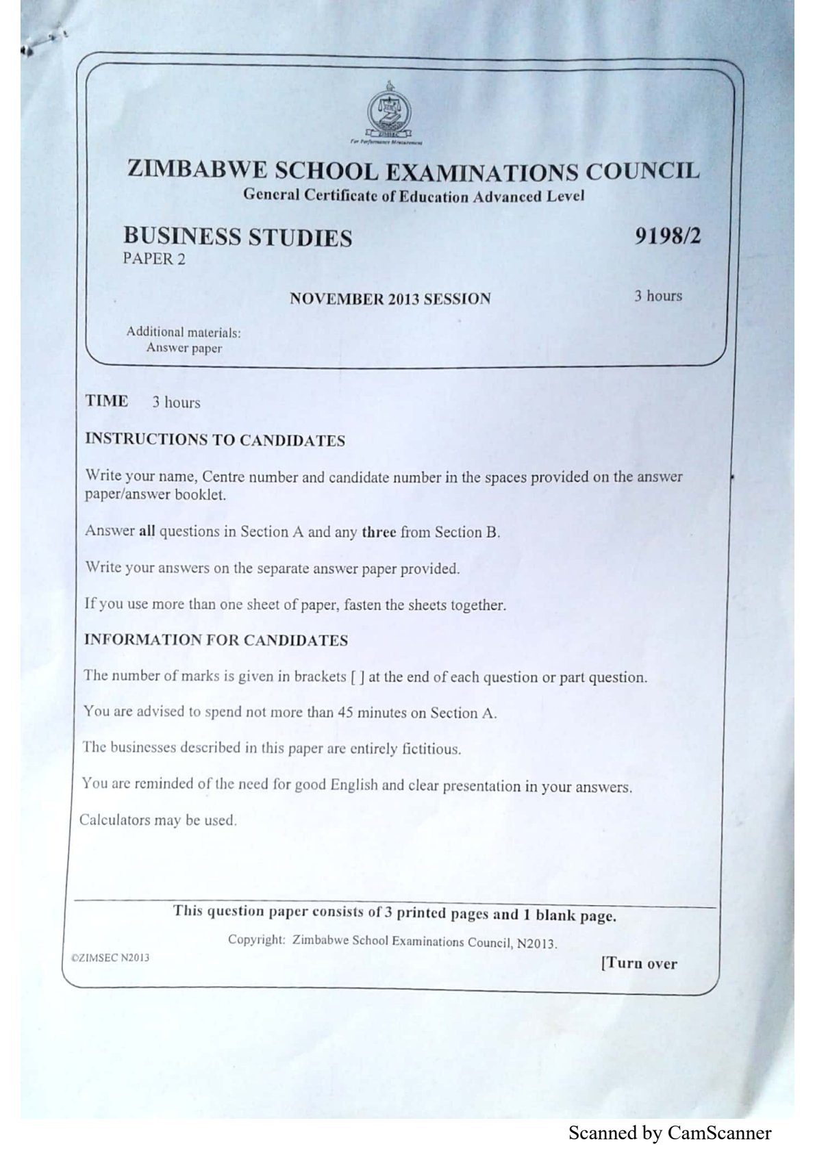 First page of ZIMSEC A-Level Business Studies Paper 2 November 2013 Question Paper